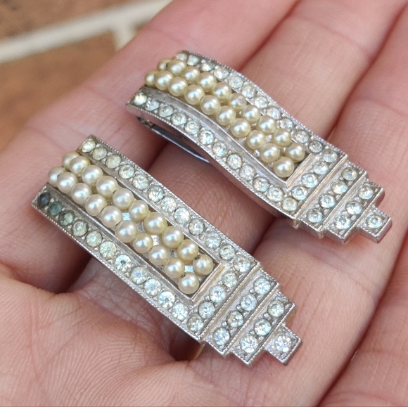 Antique Art Deco Pearl And Paste Dress Clips - Picture 2 of 8